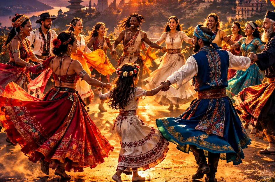 Artistic cinematic illustration of people from different cultural backgrounds dancing together at sunset