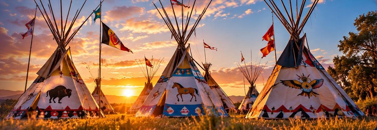 Cultural tipi gathering at sunset