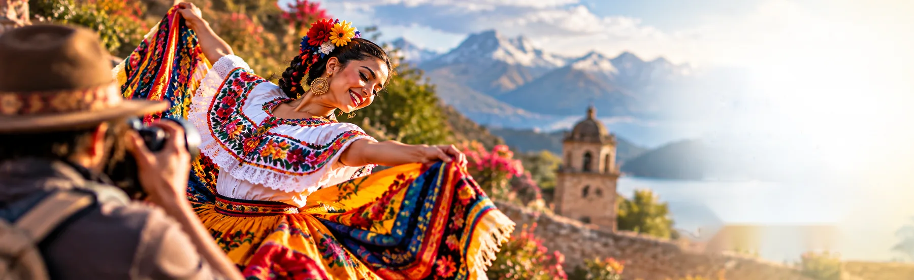 A dancer in a colorful folklórico dress photographed in the mountains